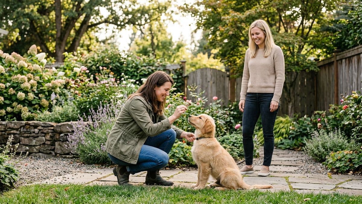 Familia aprendiendo con un adiestrador a educar a su cachorro en el jardín