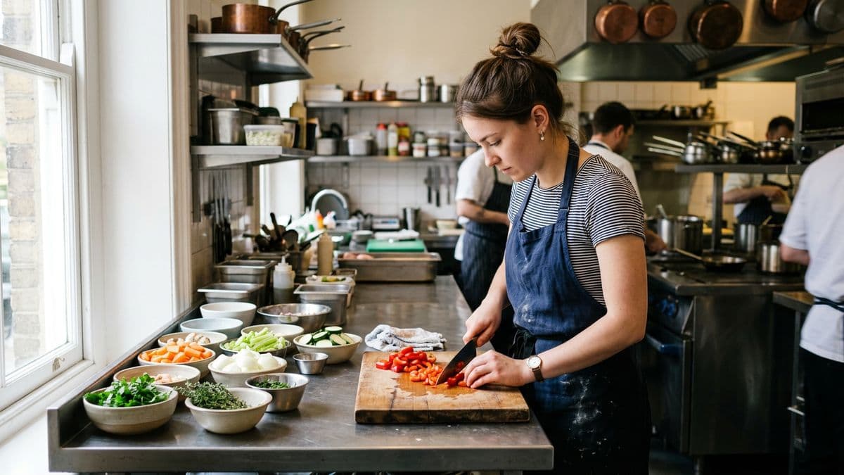 Ayudante de cocina cortando verduras en una cocina profesional