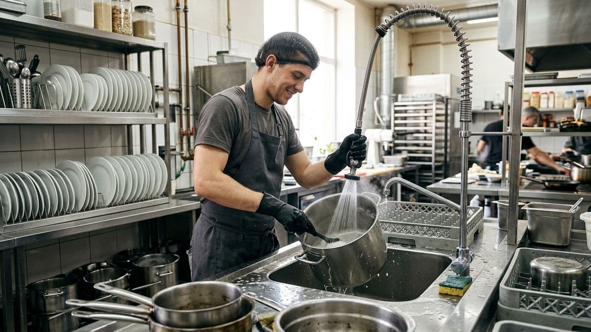 Bachero lavando vajilla en la bacha de una cocina profesional