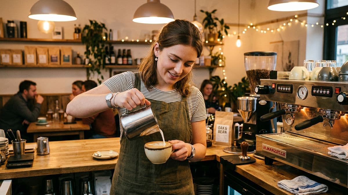 Barista sirviendo leche texturizada sobre un café