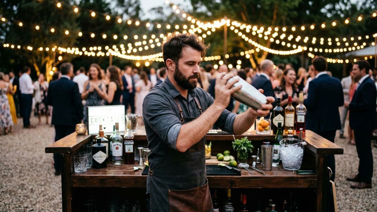 Bartender preparando un trago en la barra de un evento