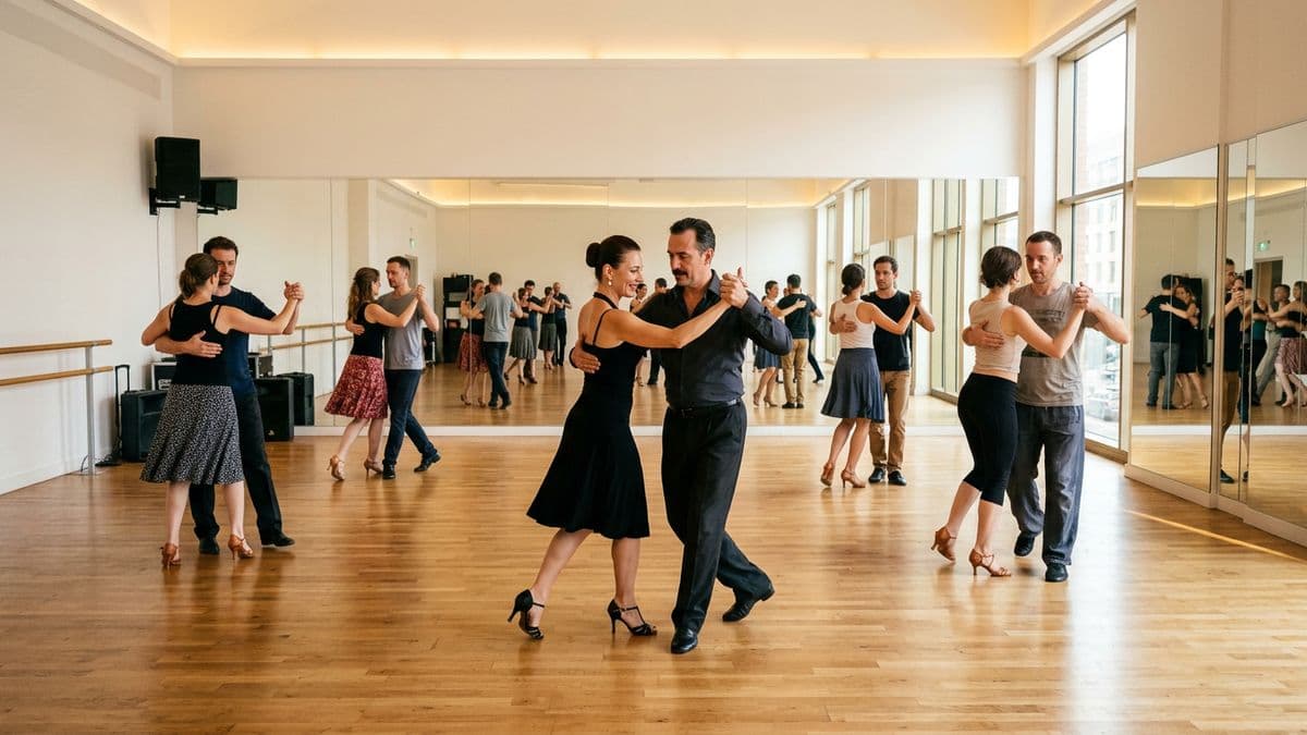 Pareja tomando una clase de baile en un salón con espejos