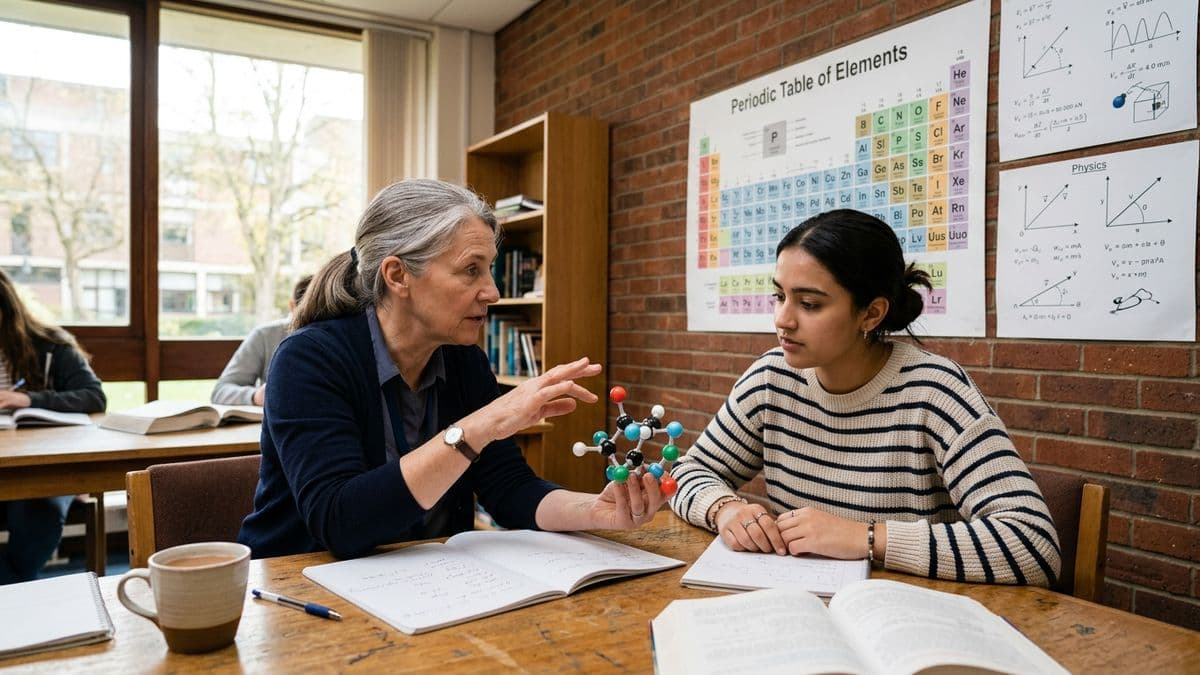 Profesor explicando un problema de física a una estudiante con cuaderno y calculadora
