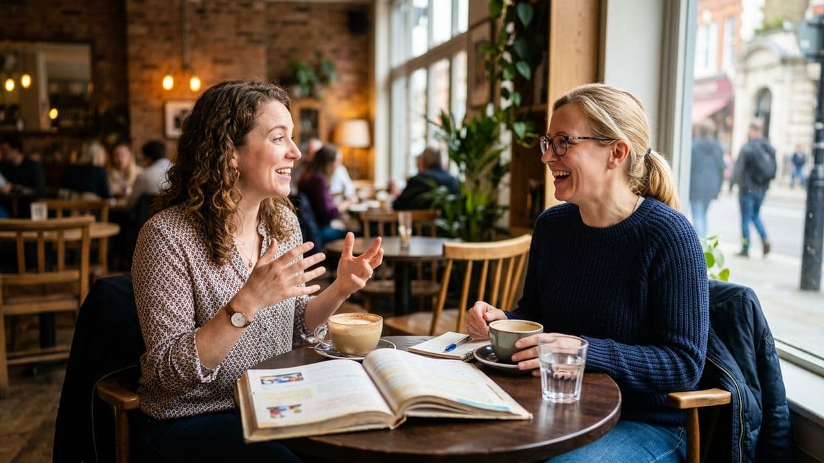 Profesora de inglés dando clase a una alumna con una notebook en el living