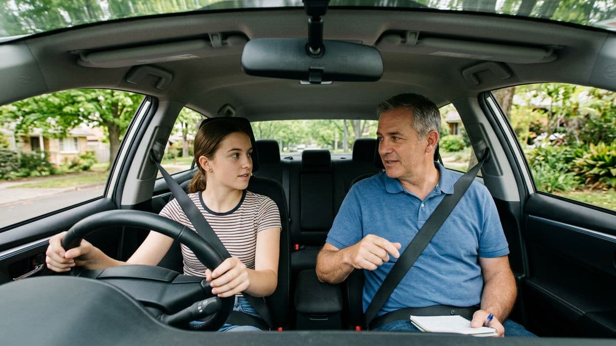 Instructor de manejo dando indicaciones a una alumna al volante