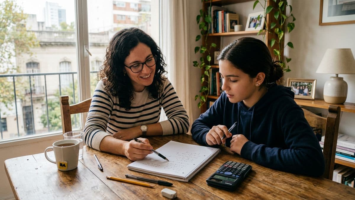 Profesora explicando un ejercicio de matemática a un alumno en la mesa de una casa