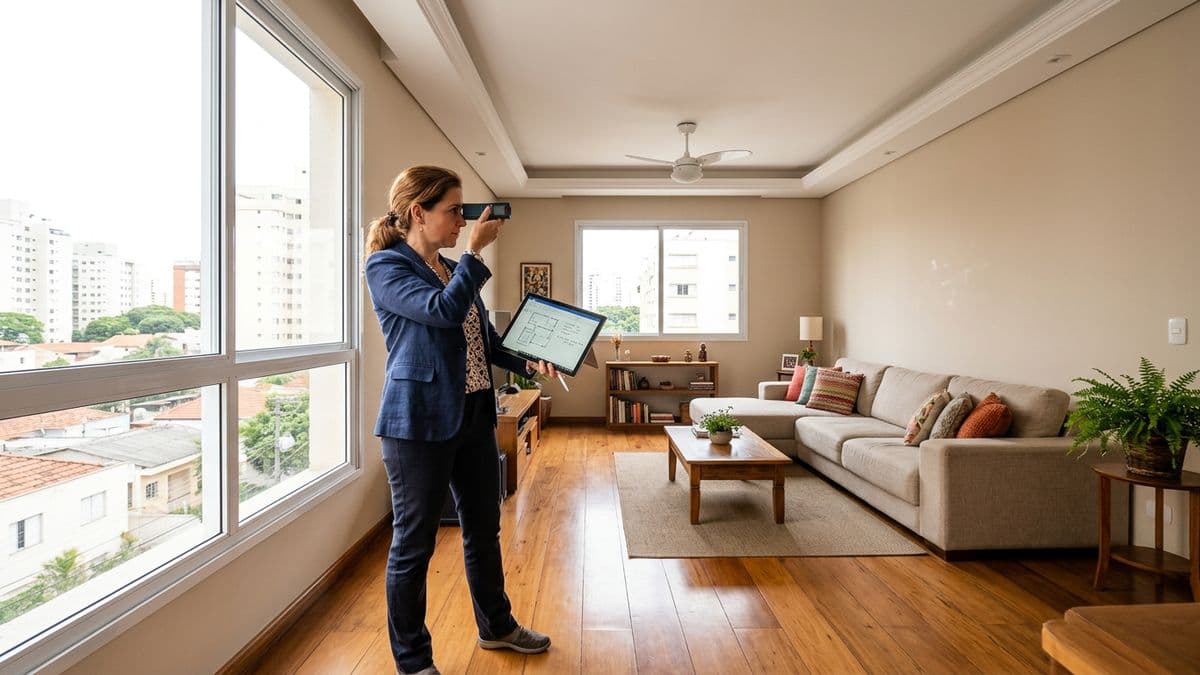 Tasadora midiendo un living con un medidor láser y anotando en una tablet