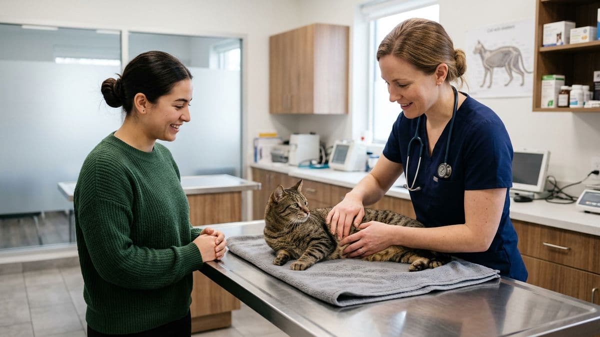 Veterinario revisando a un gato sobre la camilla de un consultorio