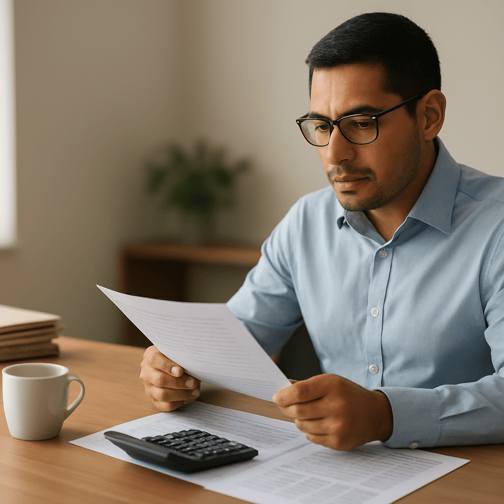 Contador trabajando con documentos y una calculadora en Uruguay