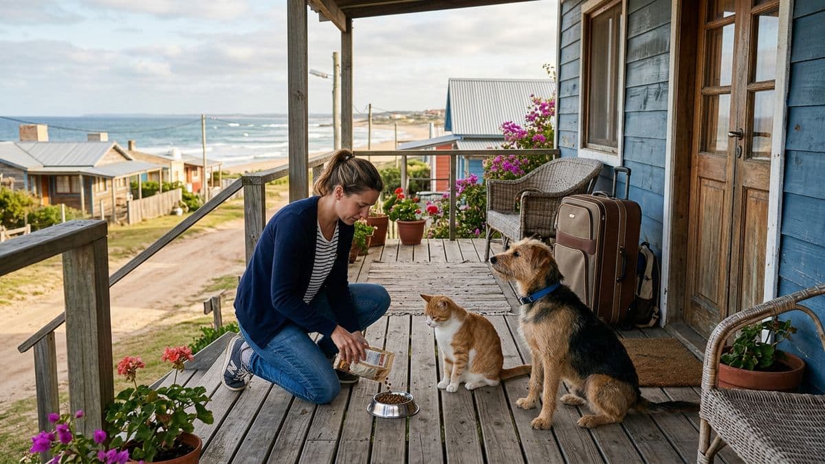 Cuidadora jugando con un perro y un gato en una casa