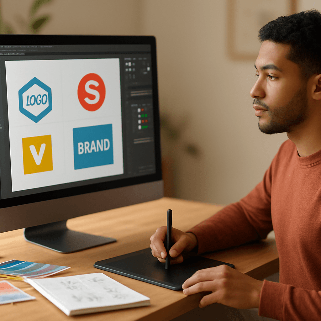 Diseñador gráfico trabajando en el diseño de un logo en su computadora en Uruguay