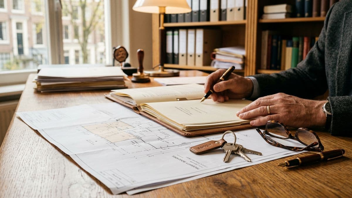 Carpeta con títulos, plano de mensura y llaves sobre el escritorio de una escribanía