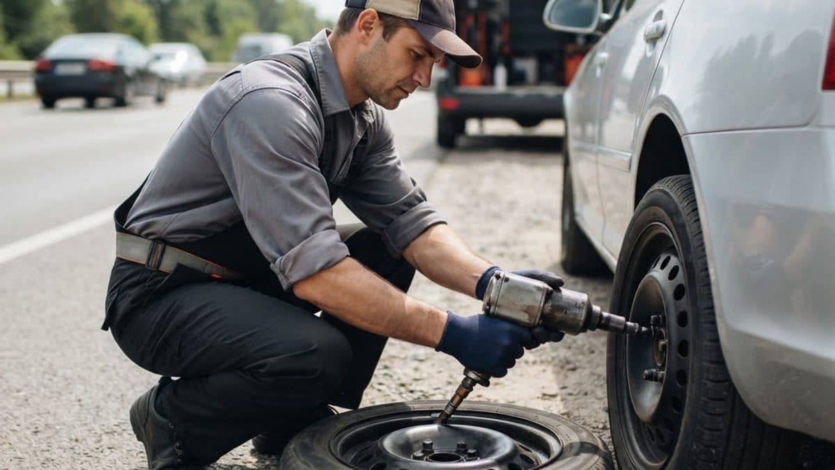Gomero reparando un neumático a domicilio en Uruguay