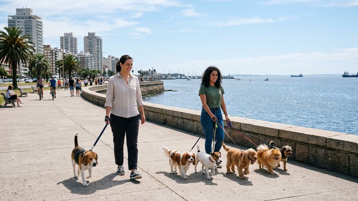 Paseador con un grupo de perros caminando por la rambla de Montevideo