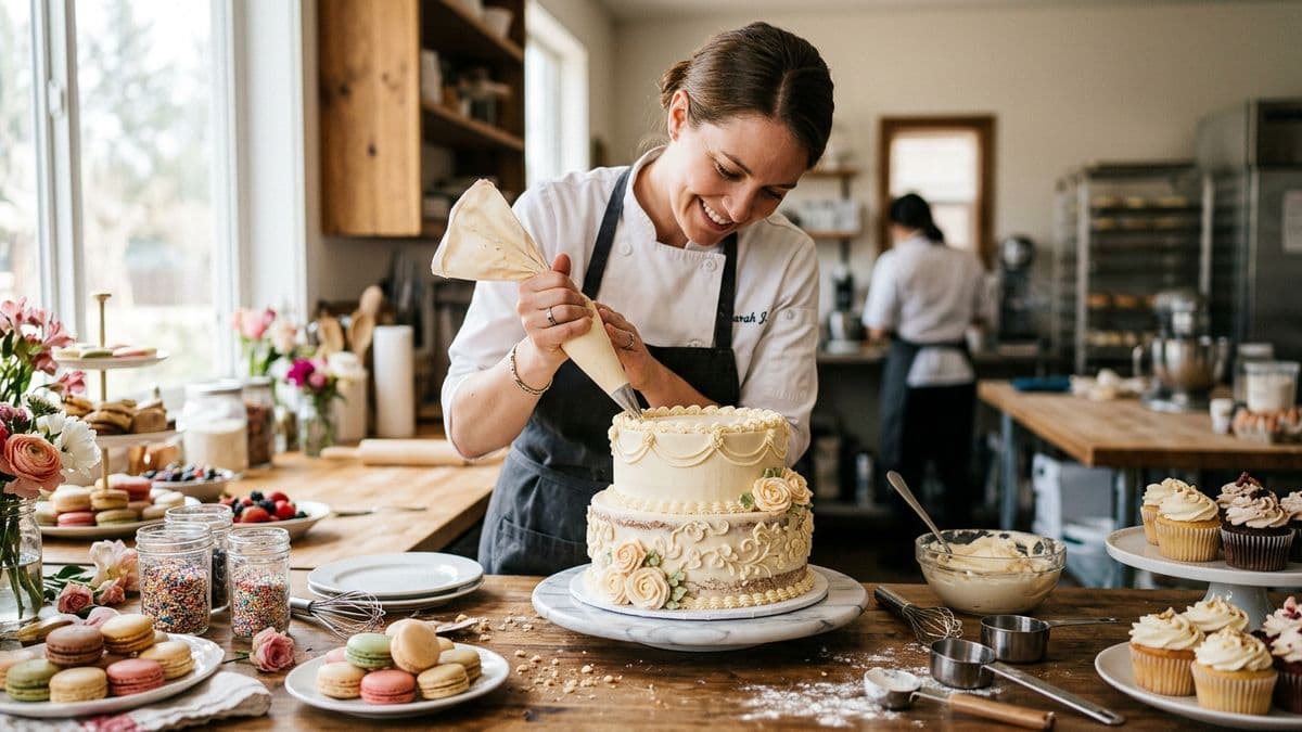 Pastelero decorando una torta en un taller de pastelería