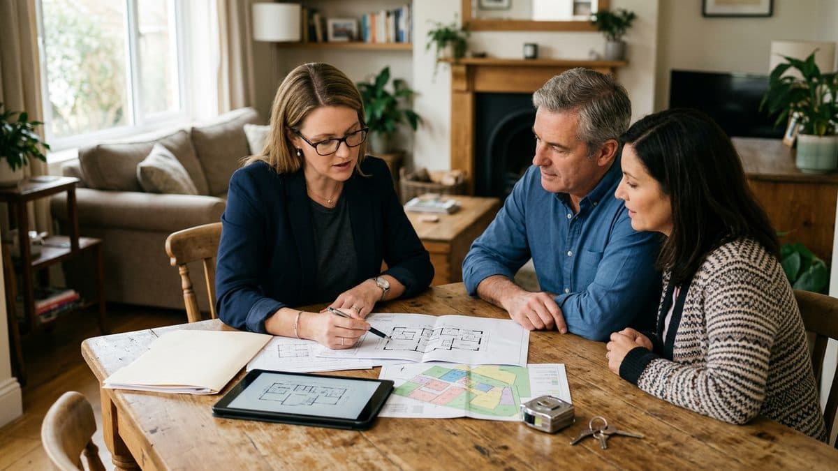 Profesional inmobiliaria revisando un plano de mensura y documentos de una propiedad con una pareja