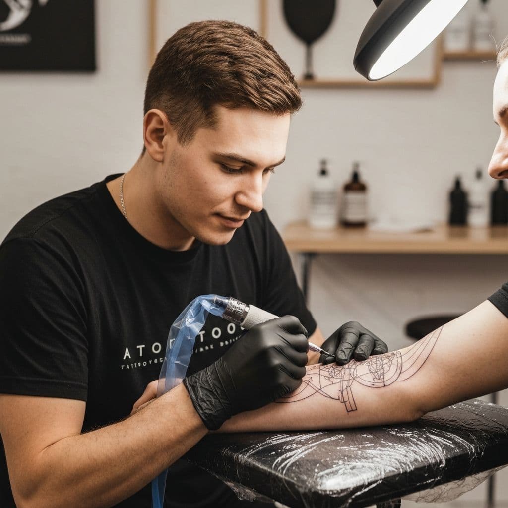 Tatuador trabajando en un tatuaje en el brazo de un cliente en su estudio en Uruguay