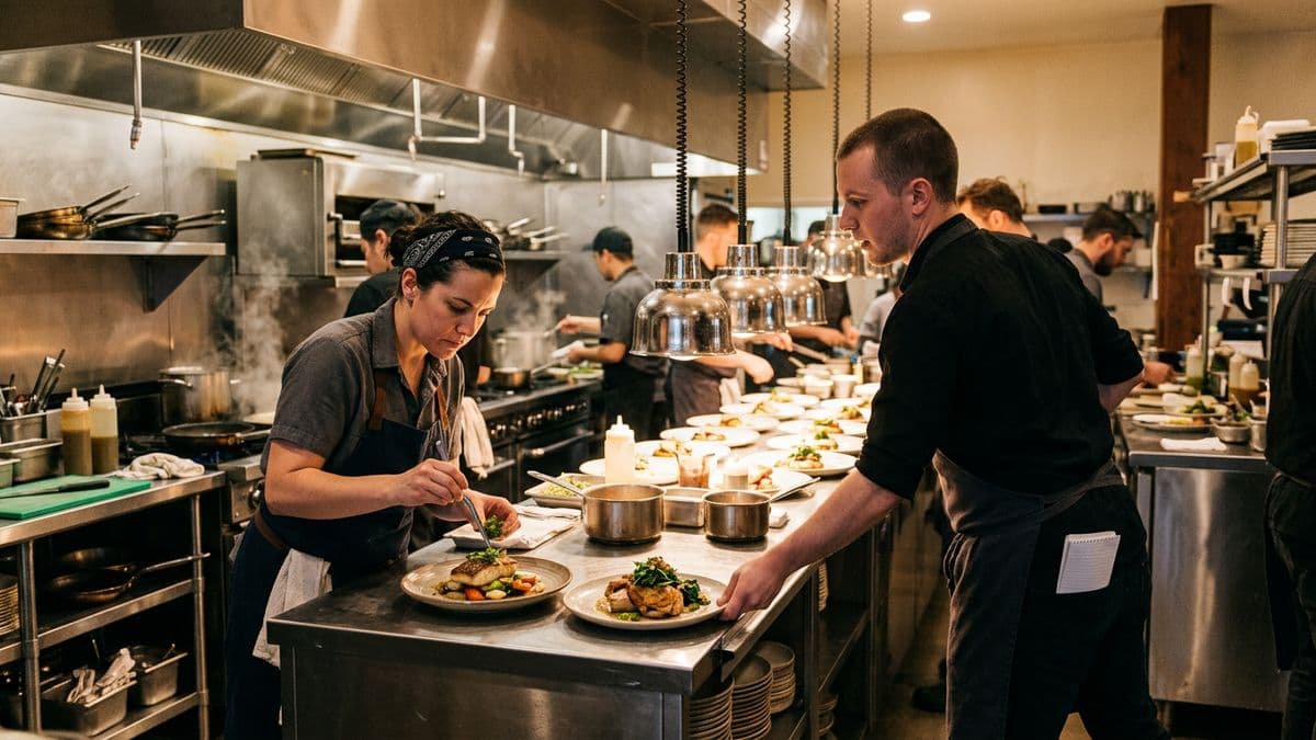 Equipo de cocina y salón trabajando en un restaurante