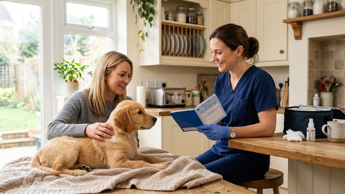 Veterinaria preparando la vacunación de un cachorro en una casa