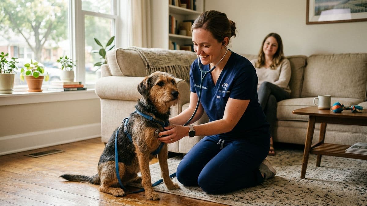 Veterinaria revisando a un perro en el living de una casa