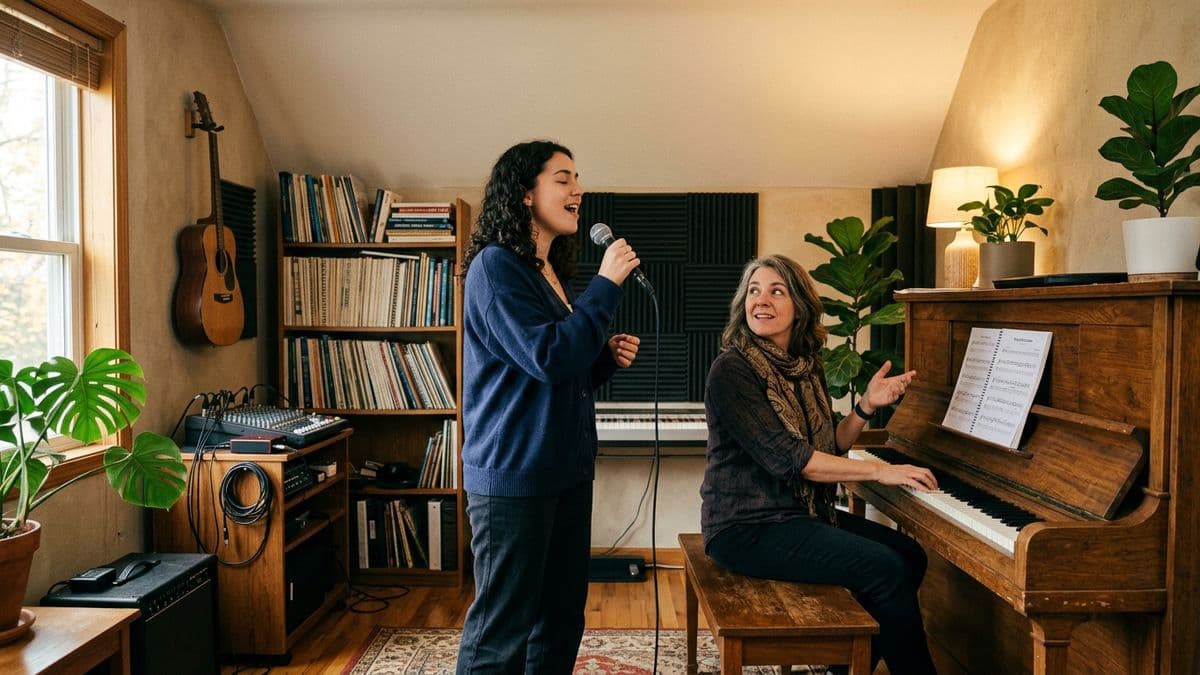 Profesora de canto acompañando a una alumna en el piano