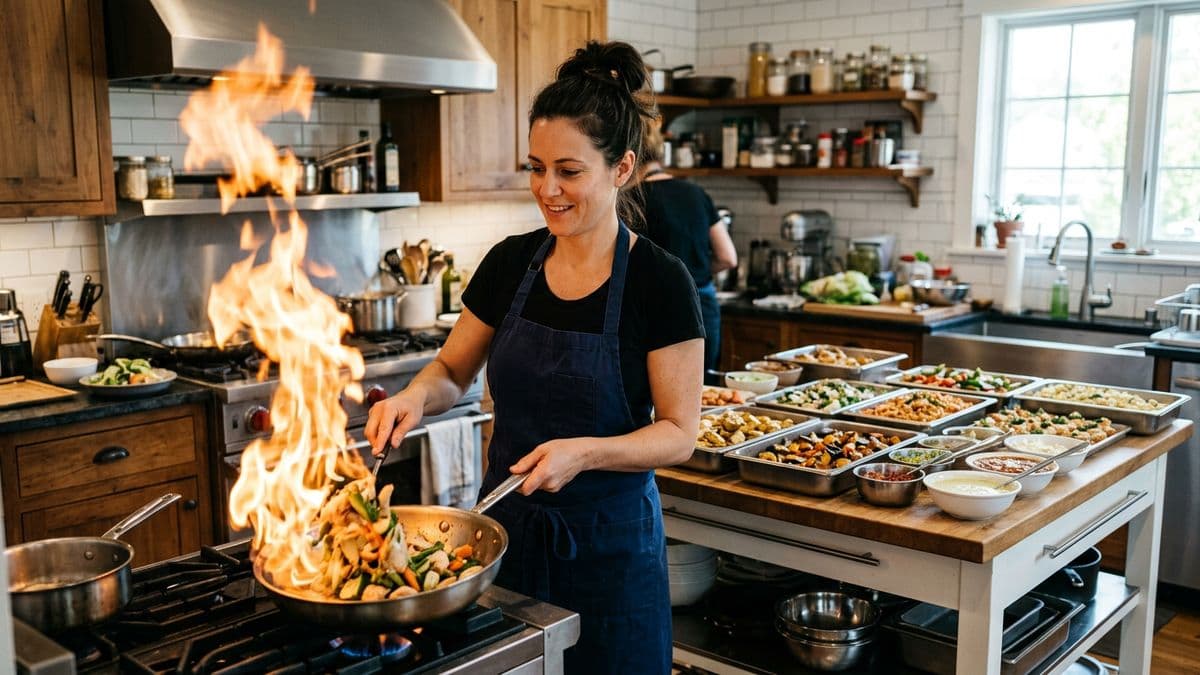 Cocinero emplatando en una cocina profesional