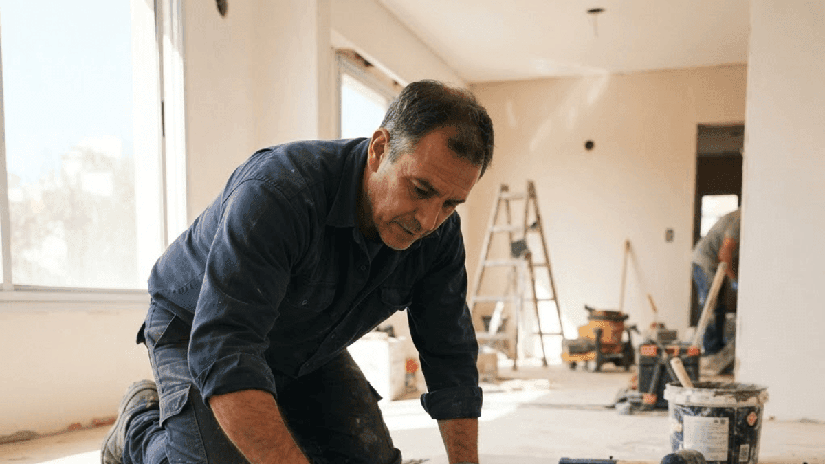 Colocador de pisos instalando porcelanato en Uruguay