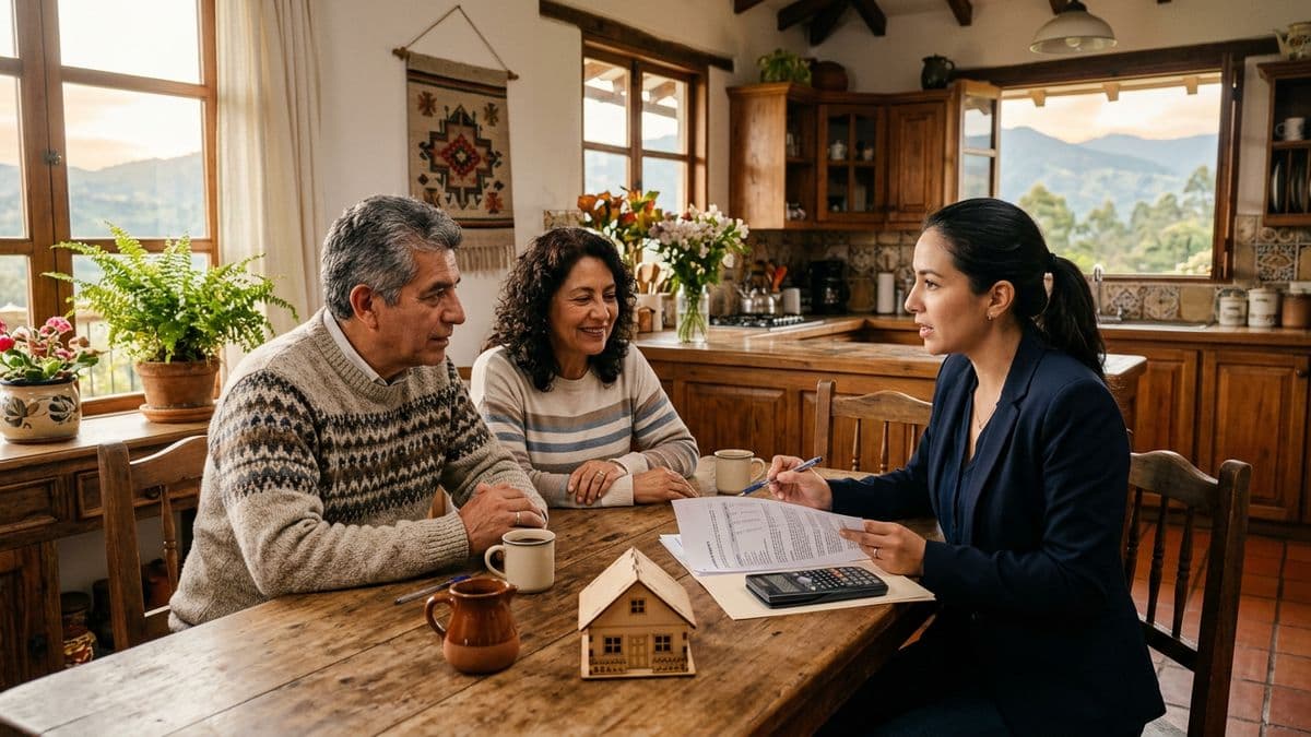 Pareja revisando un informe de tasación con un profesional en la mesa de la cocina