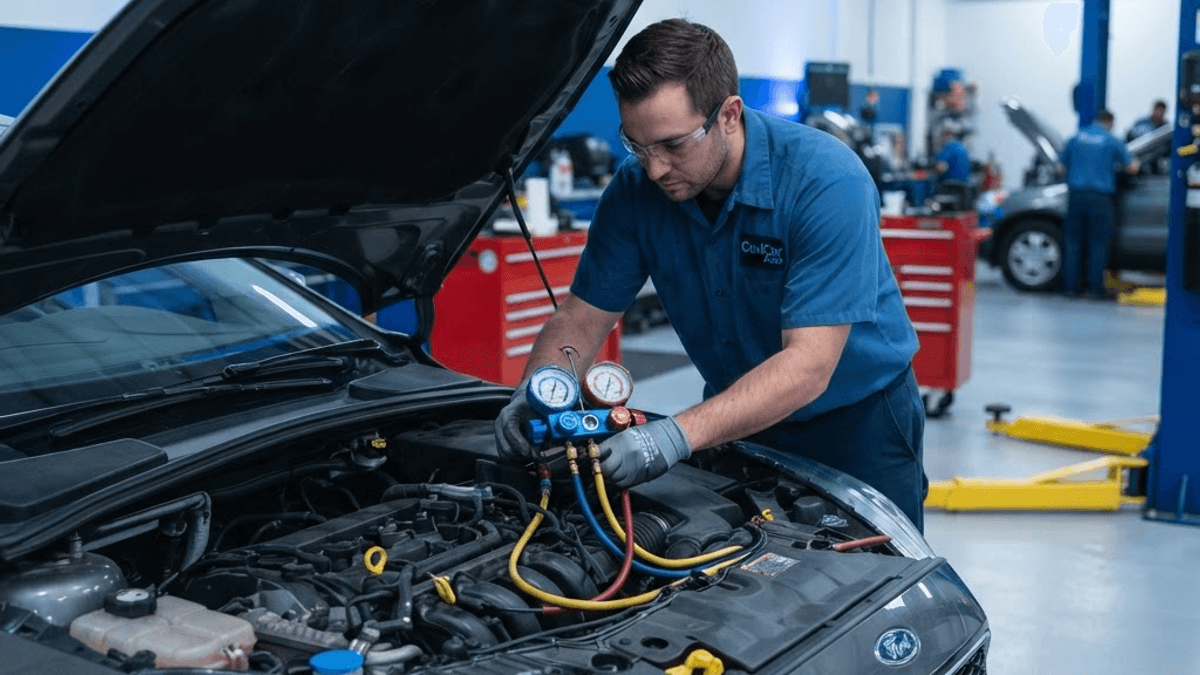 Tecnico cargando el gas del aire acondicionado de un auto