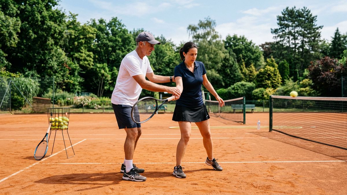 Profesor de tenis corrigiendo el golpe de una alumna en una cancha de polvo de ladrillo
