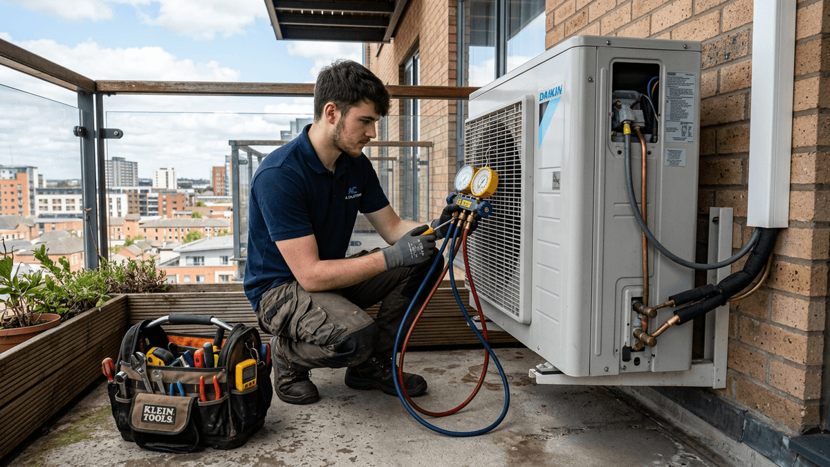 Técnico midiendo presiones con manómetro en la unidad exterior de un aire acondicionado
