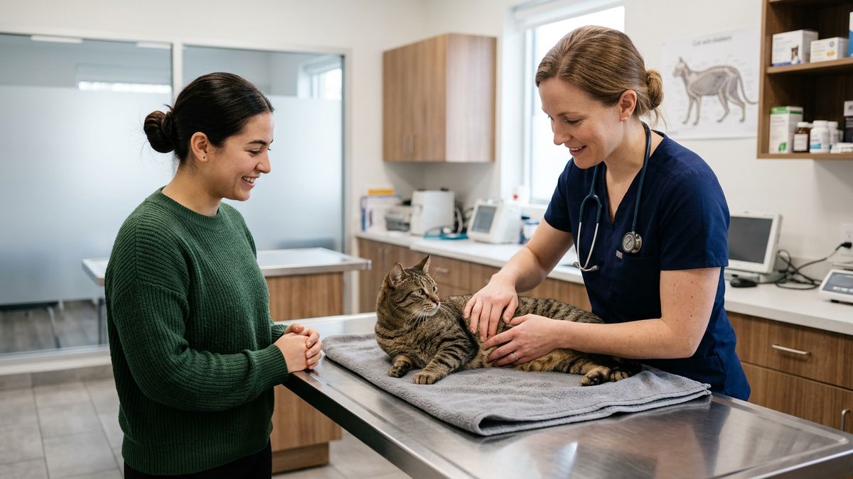 Veterinario revisando a un gato sobre la camilla de un consultorio