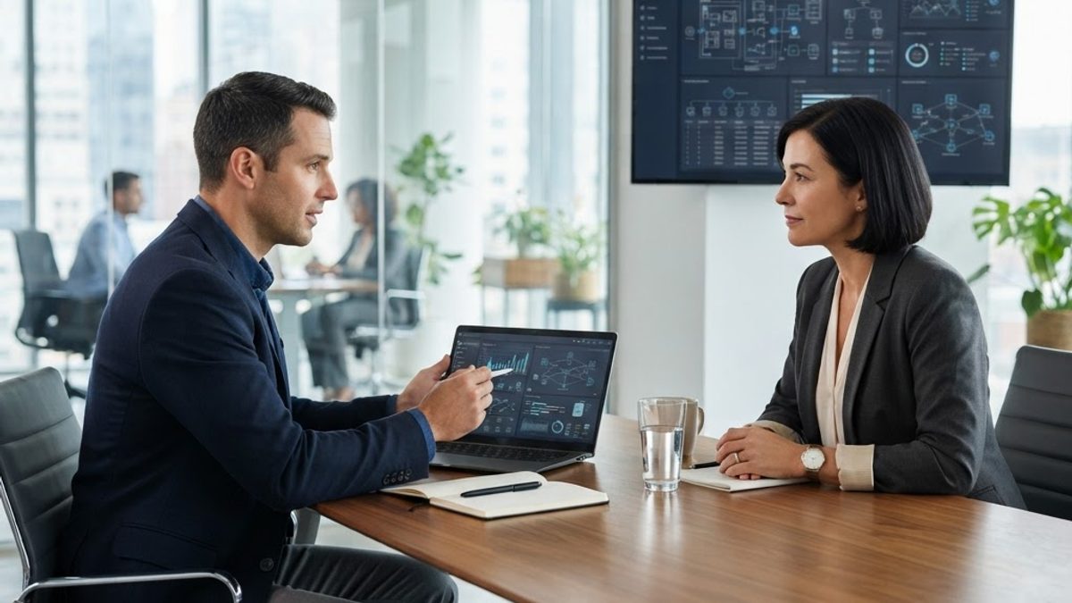 Consultor informático asesorando a un cliente empresarial en Uruguay