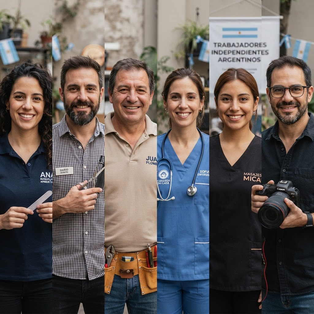 Trabajadores independientes argentinos de distintos oficios sonriendo mientras uno muestra su perfil de servicios en el celular