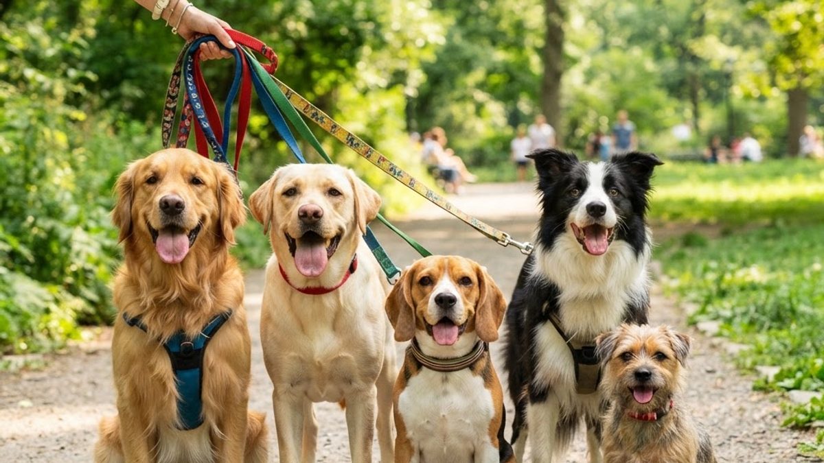 Paseador de perros con varias mascotas en un parque en Uruguay