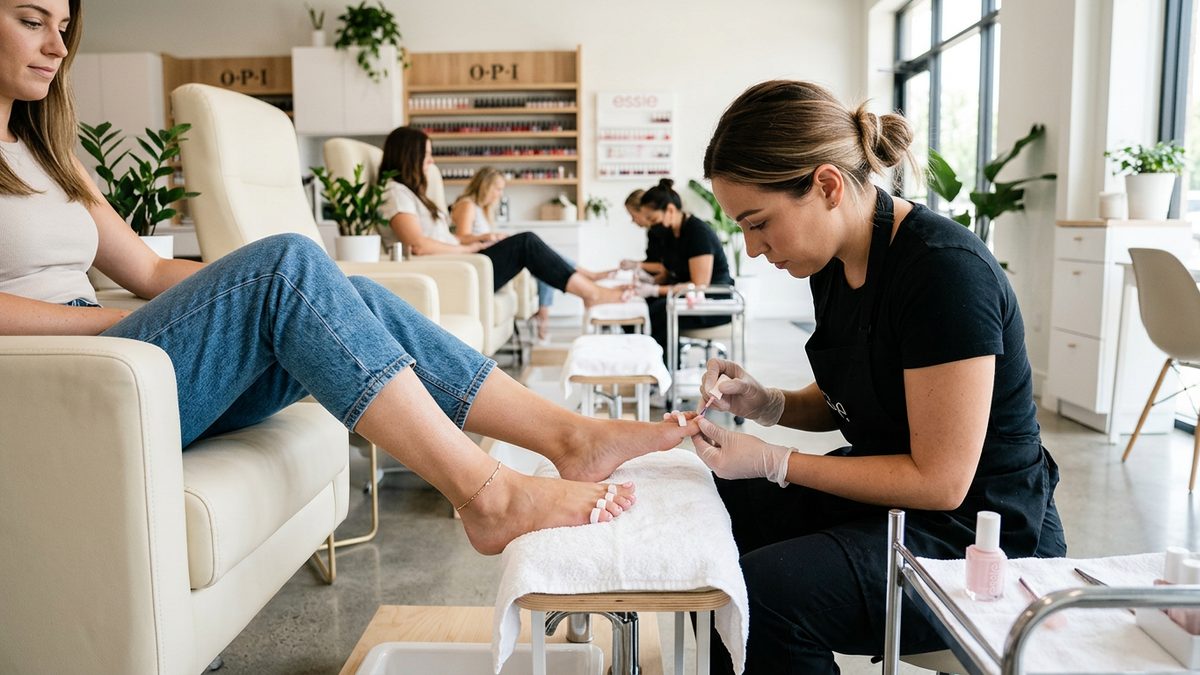 Pedicura pintando las uñas de los pies de una clienta en un salón