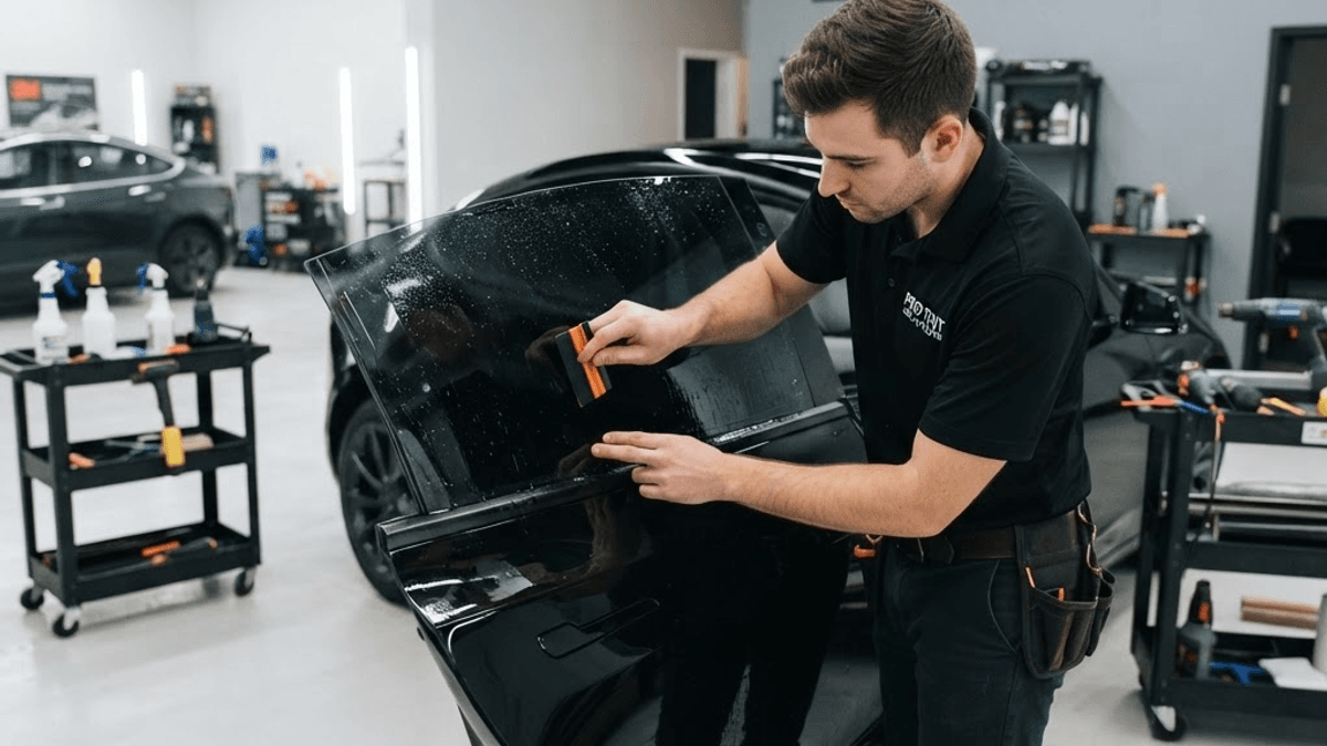 Especialista aplicando lamina polarizada y vinilo a un auto